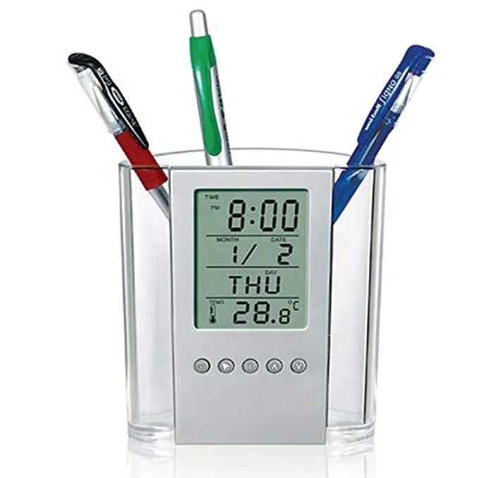 حامل القلم الرقمي مزود بترمومتر وعرض التقويم وساعة منبه LCD رقمية