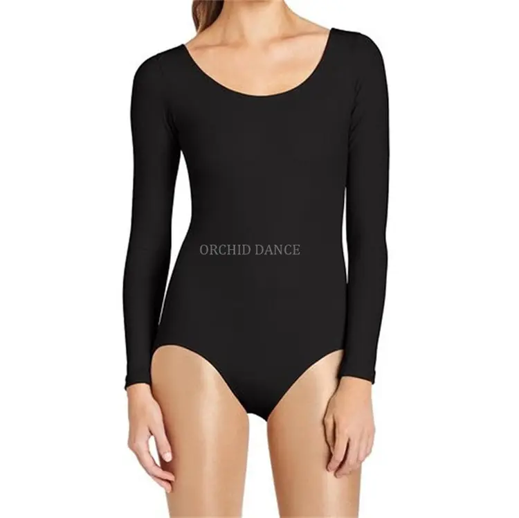 LICRA de nailon brillante para mujer y niña, maillot de manga larga negro desnudo para Ballet, baile, venta al por mayor