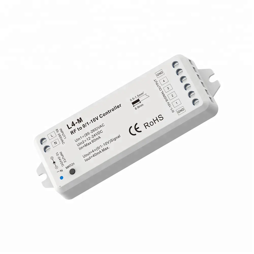 SKYDANCE-L4-M 100-240VAC o 12-24VDC 0-10V RF a 0-10V LED, atenuador, convertidor de señal, 4 canales, controlador led inalámbrico de 1-10V