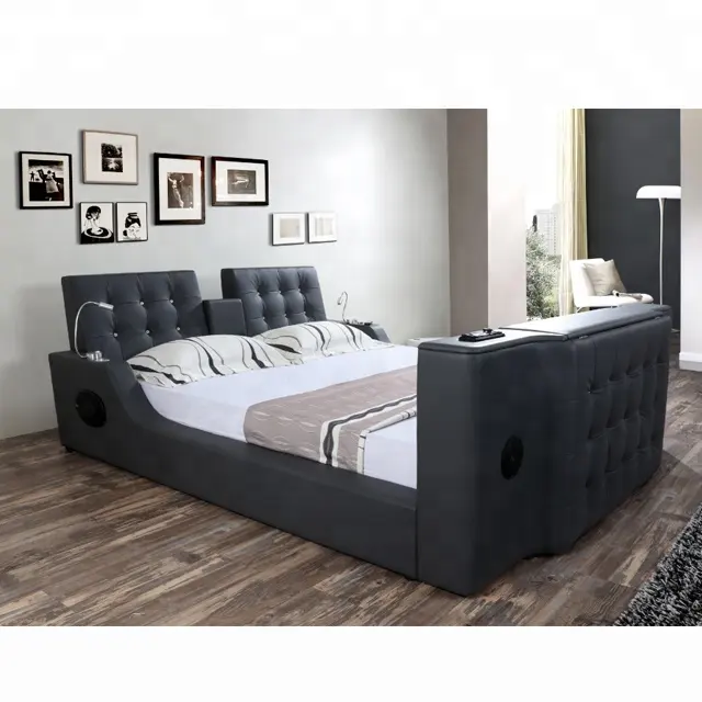 Muebles de dormitorio, diseño de cama de madera con reposapiés, elevador de TV