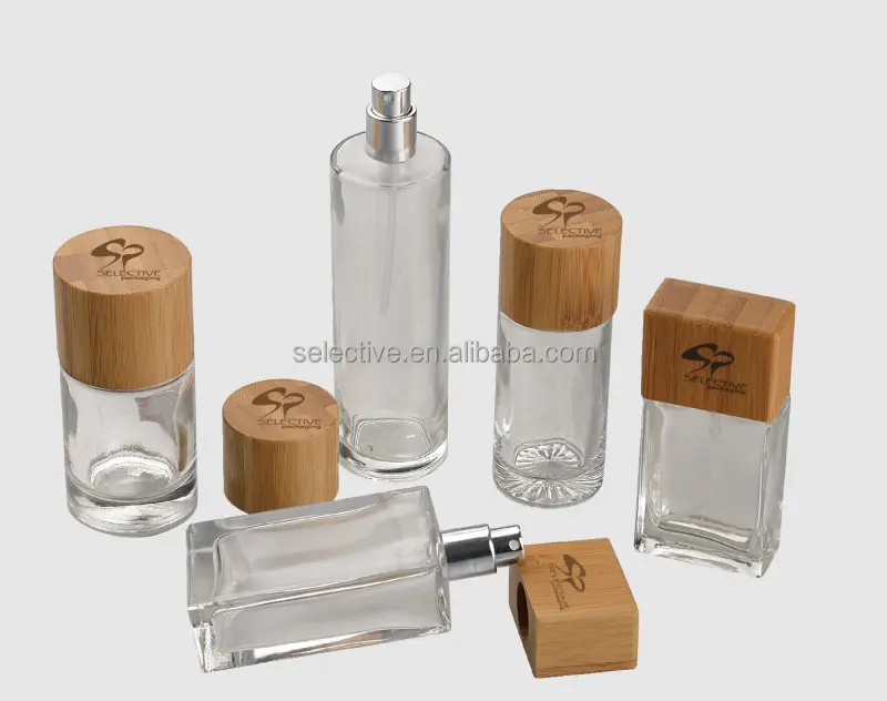 Botellas de vidrio vacías para perfume, con pulverizador, tapas de madera, embalaje de botellas de perfume