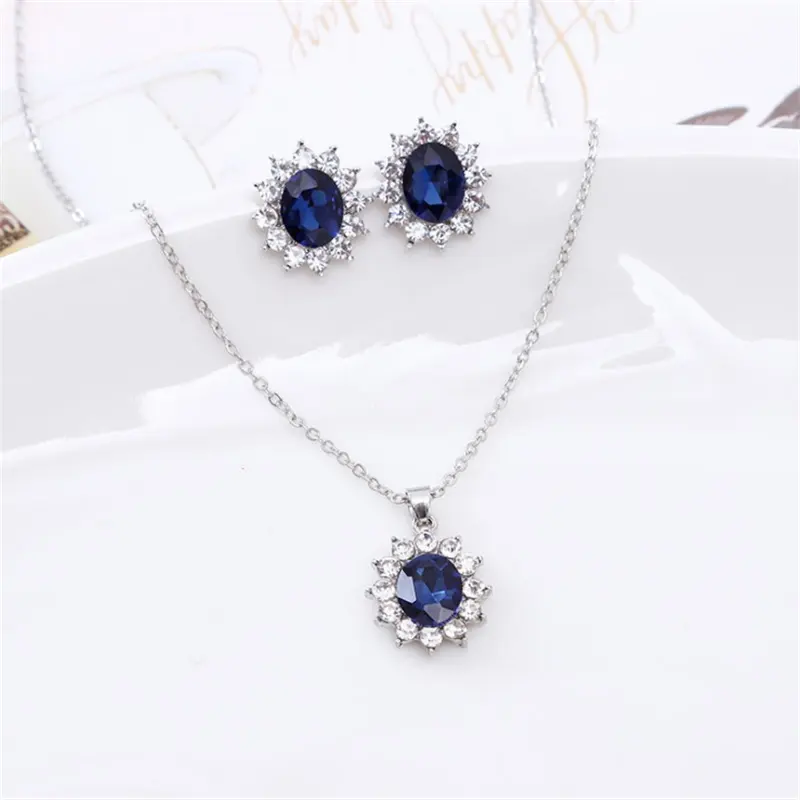 Conjunto de collar y pendientes con colgante de diamantes de imitación, cristal azul, venta al por mayor