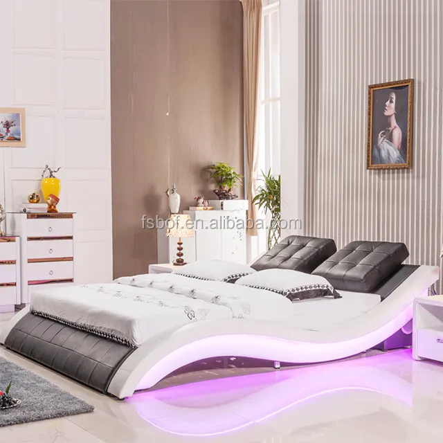 Cama de couro para móveis do quarto, cama com luz de led azul e terapia de música a021