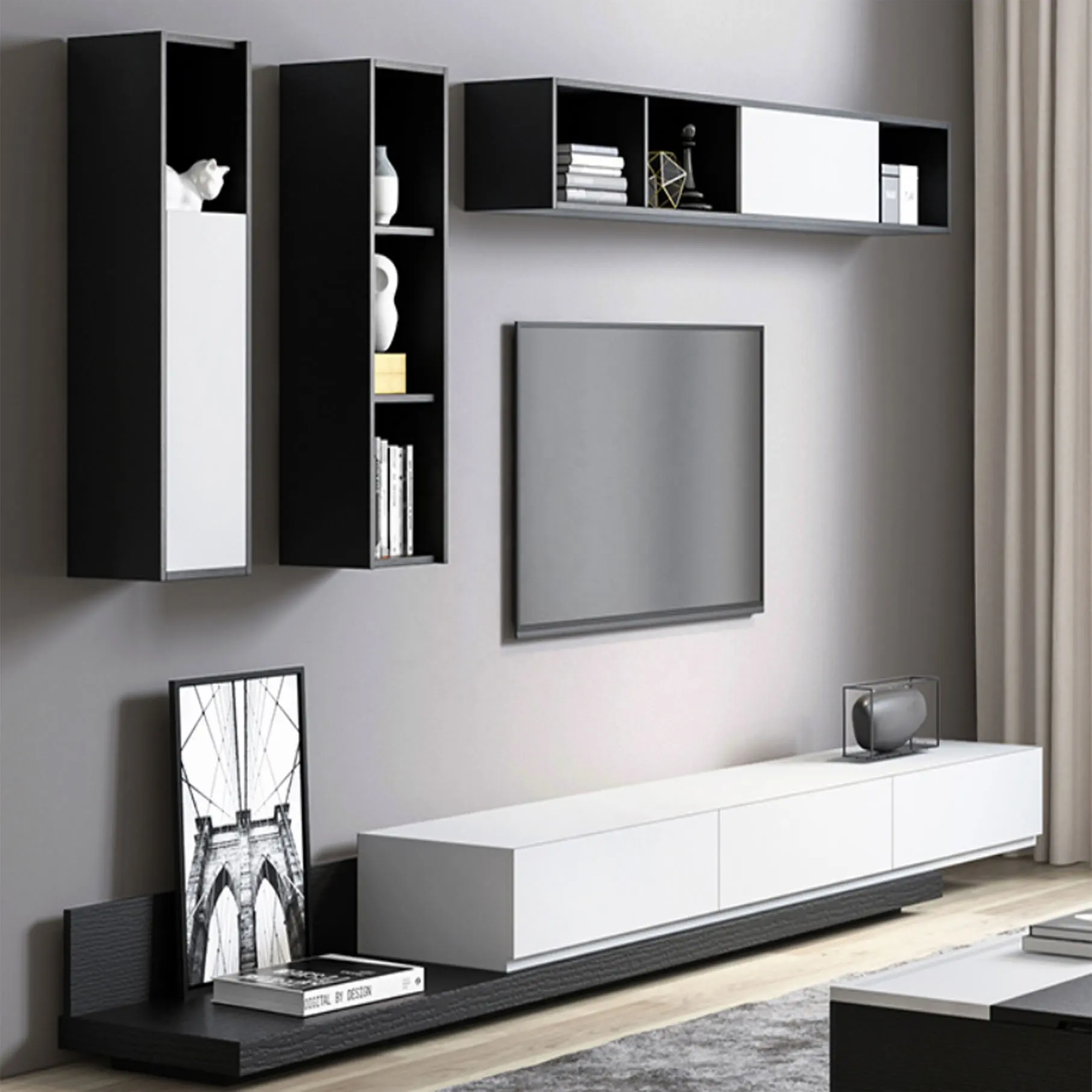 Modulare Moderno Nero Lacca di Alta Gloss Mobile TV Con Mensole A Muro di Design