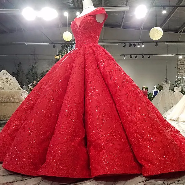 Shenzhen Rote Ballkleid Rüschen Funkeln Große Hochzeit Kleid