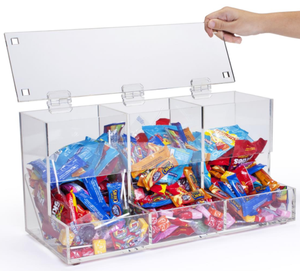 Compartimentos duplos transparente personalizado acrílico doces dispensador de comida caixa de armazenamento com tampa dobradiça