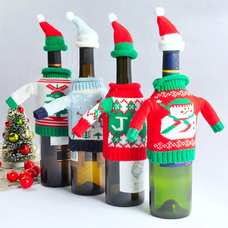 2024 gran oferta Navidad colorido ganchillo Navidad muñeco de nieve cubierta de botella de vino
