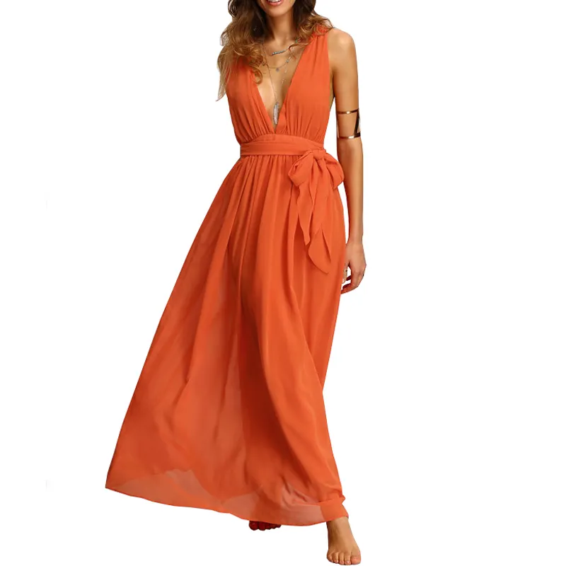 Vestido largo de gasa naranja con cuello de pico profundo ropa de mujer personalizada