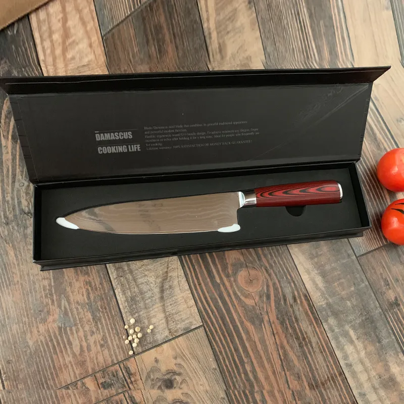 Faca de chef profissional de aço inoxidável de alto carbono com logotipo personalizado de alta qualidade, lâmina VG10 de 8 polegadas e 67 camadas, faca de chef de cozinha de Damasco