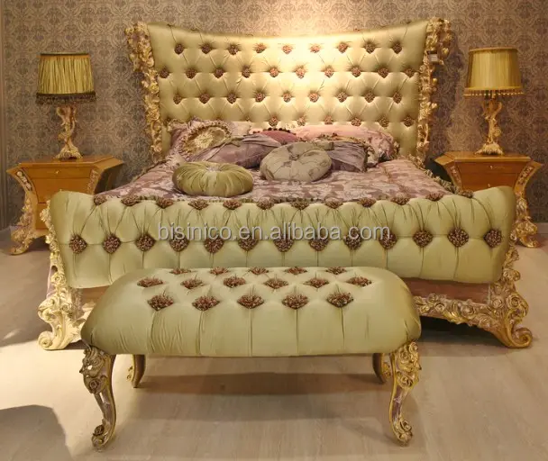 Italien Rose Carving Green Fabric Gepolstertes Kingsize-Bett/Barockstil Neues Design Schlafzimmer möbel/Romatisches Hochzeits bett aus Holz