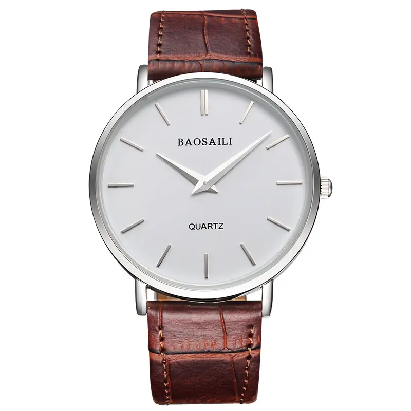 BAOSAILI-Reloj de mano para hombre, resistente al agua, correa de cuero, con funda de acero inoxidable trasera