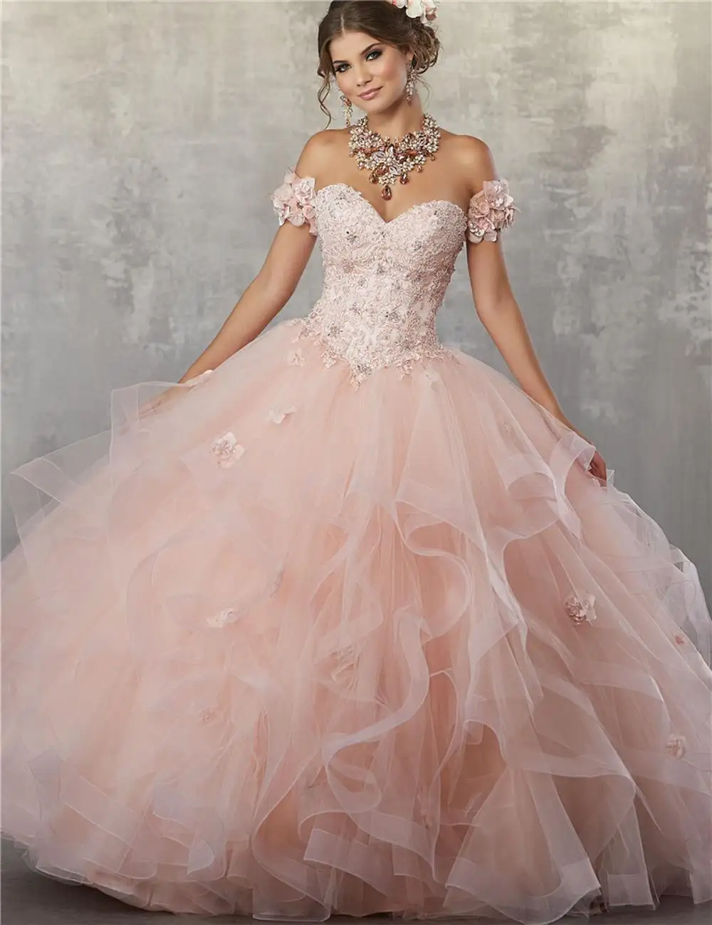 Vestido de baile de quinceañera con cuentas de cristal, sin hombros, Coral, con volantes, flores hinchadas, dulce NBW11