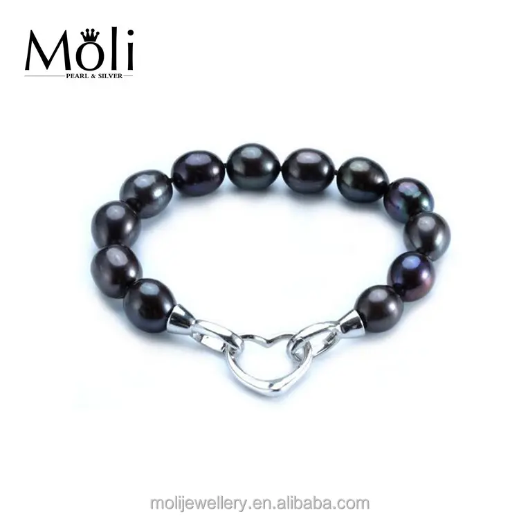 9-10mm, prix de gros, Bracelet de perles naturelles noires teintées pour femmes, fête avec grand fermoir coeur