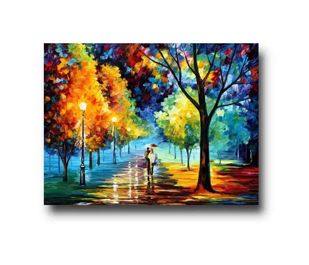 Rain Secenry Lovers Walk On The Street abstract romantic Landscape knife Canvas Painting