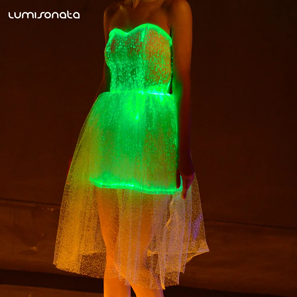 Vestido de baile iluminação led fibra óptica azul