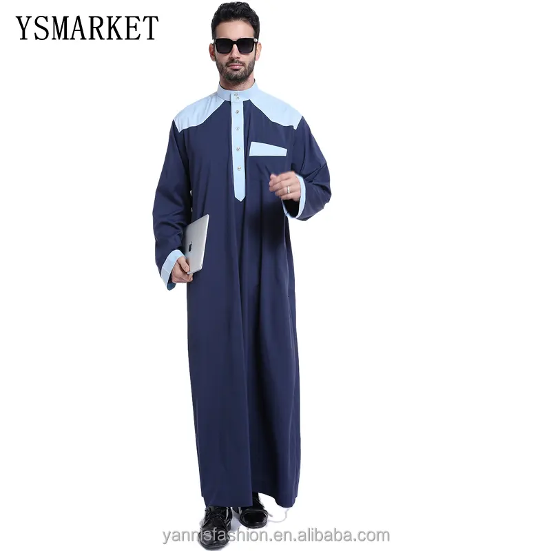 Moslim Mannen Blauwe Lange Mouw Thobe Jurk Mannen Islamitische Kleding Plus Size Xxxl Saudi Arabische Moslim Jurk ETH803