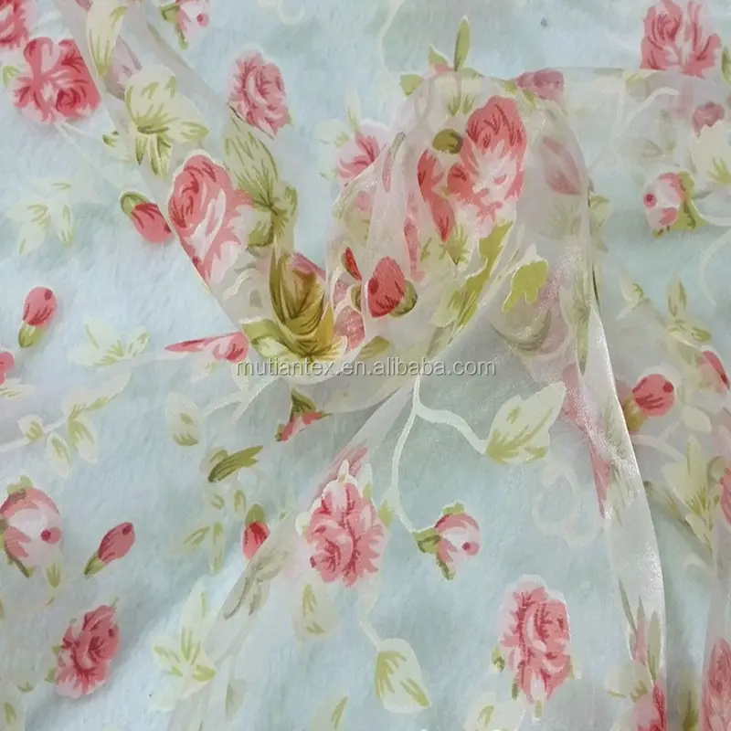 Tela de organza de gasa transparente para vestido, tela de poliéster con estampado floral