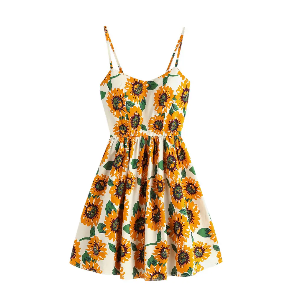 Mini vestido elegante con estampado de girasol sin mangas de verano para mujer