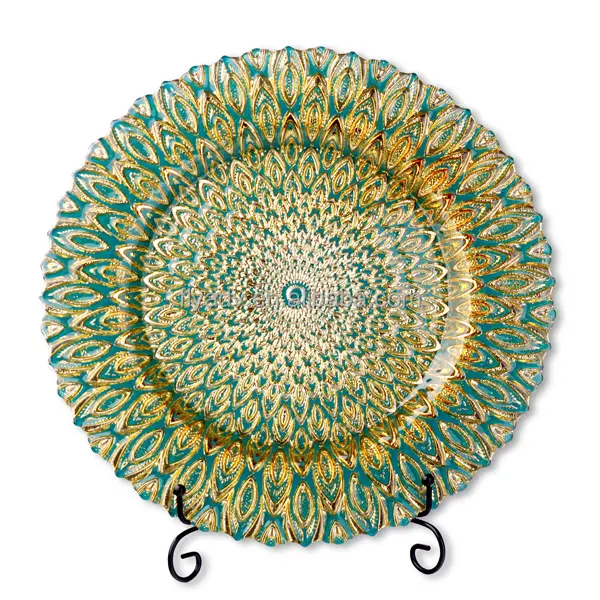 Wholesale turkish antique rent glass charger plate dish with blue and gold for wedding