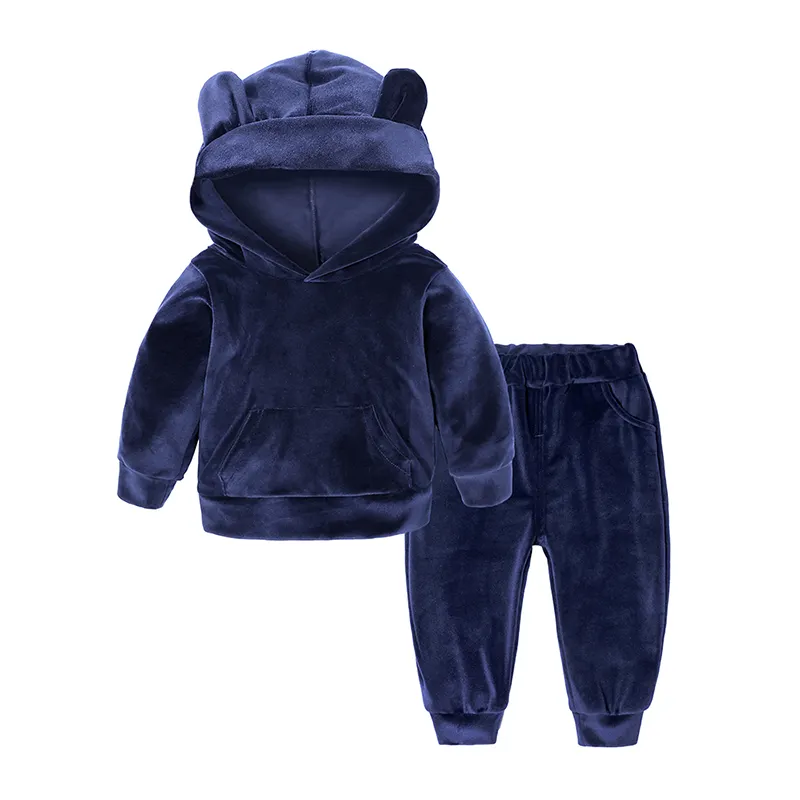 Dark blue hooded velvet toddler boy clothes set wholesale children boutique clothing for boys