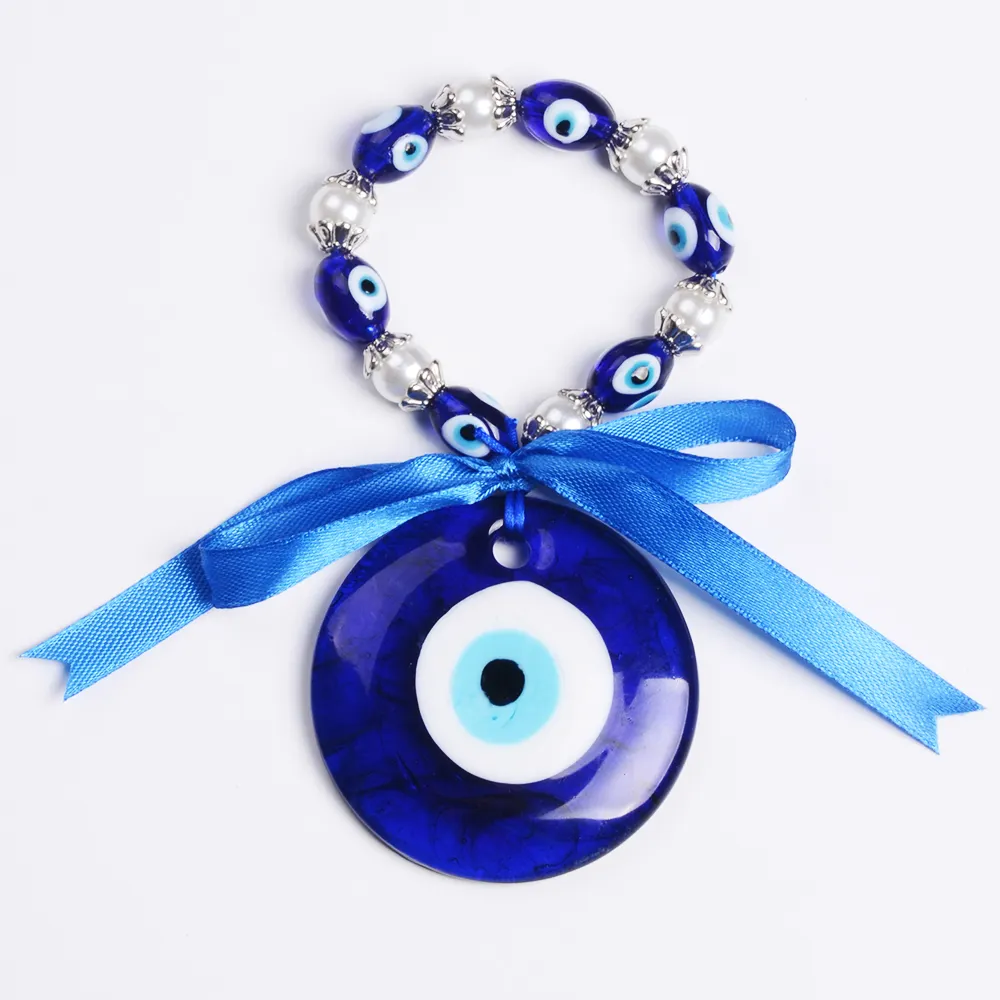 Art & artisanat glaçure porte-bonheur 60 mm bleu mauvais œil décoration murale suspendue avec ruban et Bracelet de perles