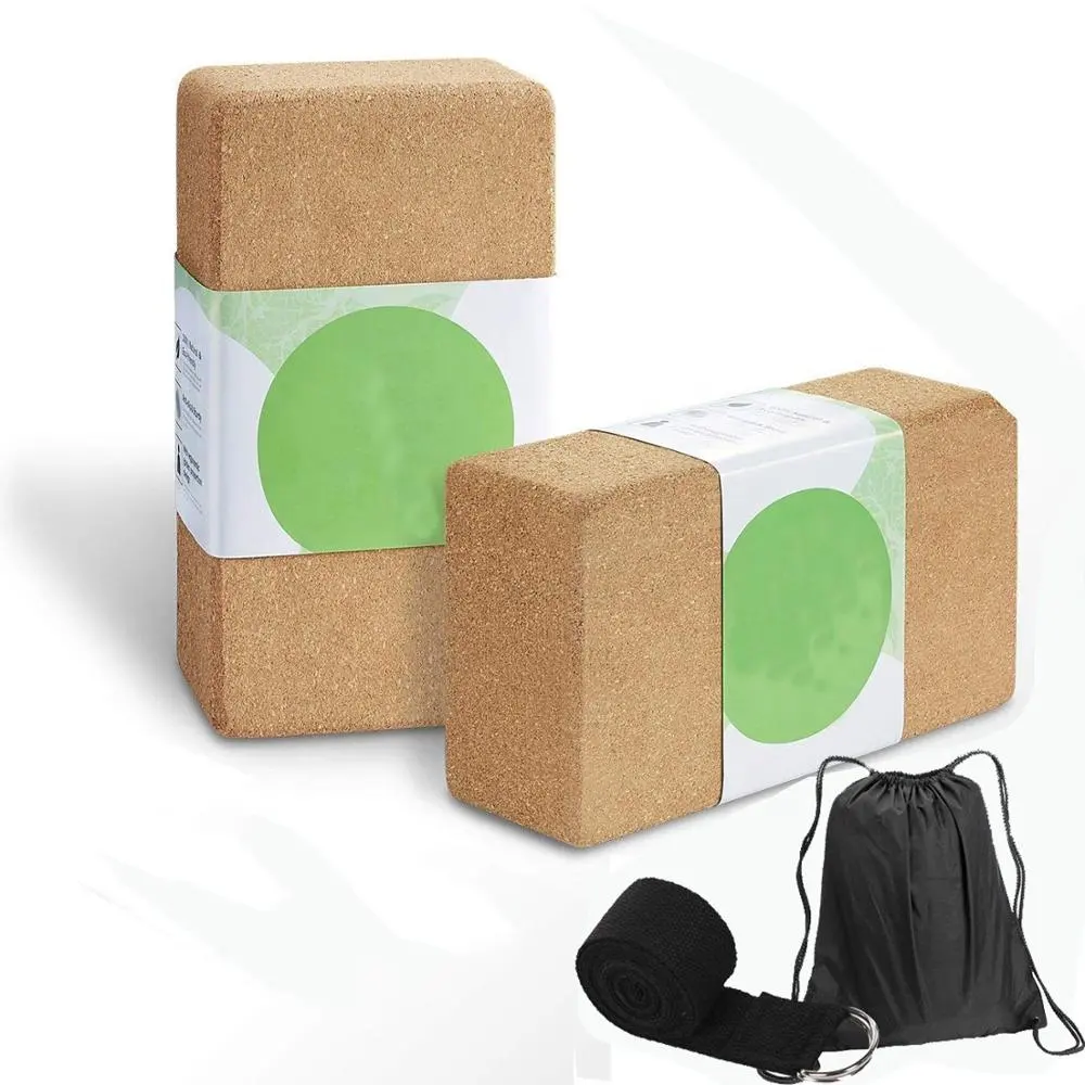 Eco-friendly Natural Cork Wood yoga block and strap set with bag