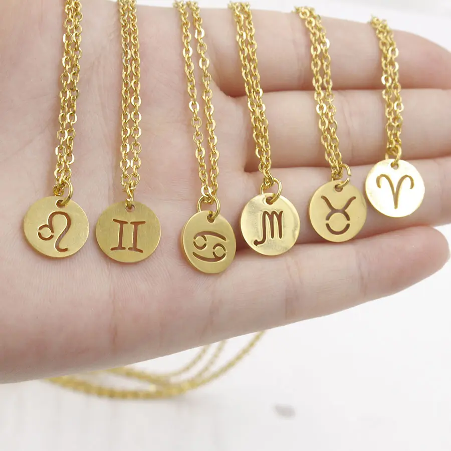 Pendentif zodiaque en acier inoxydable, bijou à breloques, Horoscope, astrologie, disque en or, pour cadeau d'anniversaire, 12 signes