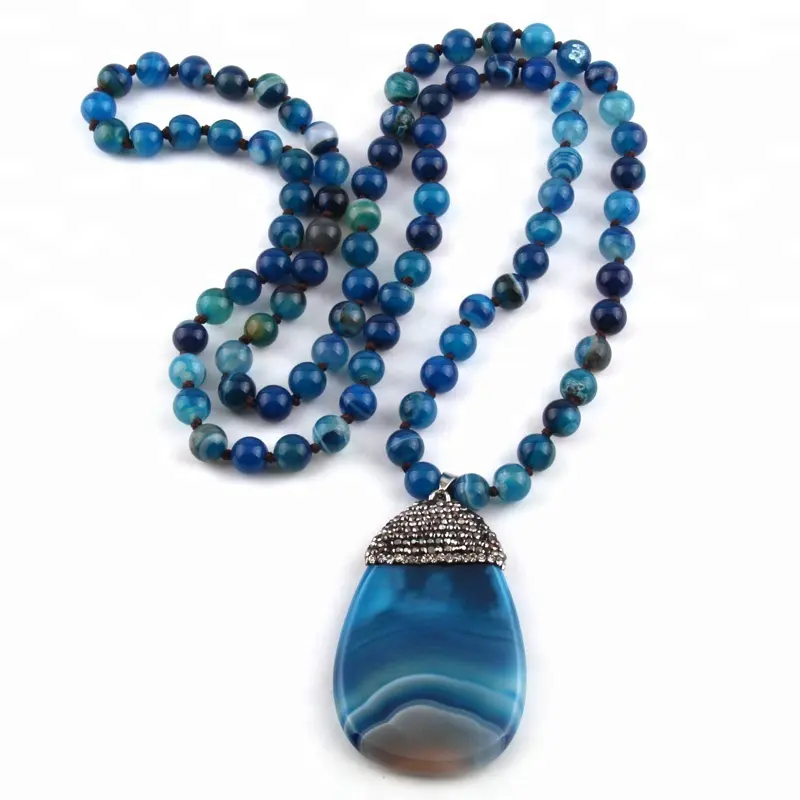 Fashion 8mm Blue Stripe Stones Long Knotted With Crystal Paved Stone Pendant Charm Necklace