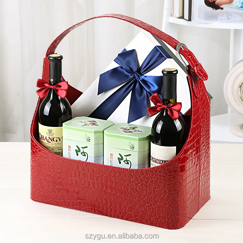 Nhà Máy Bán Buôn Hiện Đại Lớn PU Leather Wine Basket Lưu Trữ Da PU Da Quà Tặng Hamper Giỏ