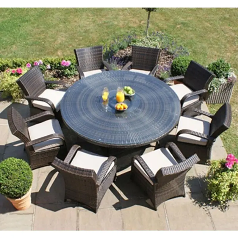 Nueva creación de muebles de jardín para exteriores de ratán PE, 8 piezas, sillas de ratán, mesa redonda grande de mimbre