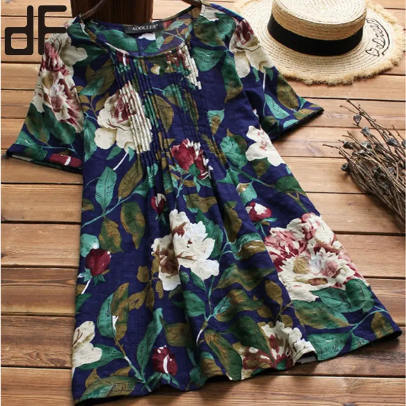 Blusa de lino y algodón con manga corta para verano, camisa con estampado floral para mujer, cuello redondo, talla grande