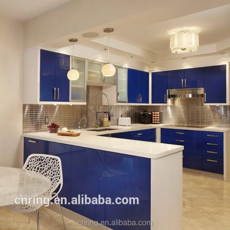 Color Azul casa muebles de cocina pop moderno Pino armarios de gabinete de cocina de muebles