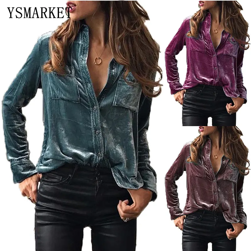 YSMARKET-Camisa de manga larga de terciopelo para mujer, camisa de primavera y otoño con solapa, Tops modernos, 6 colores, E028