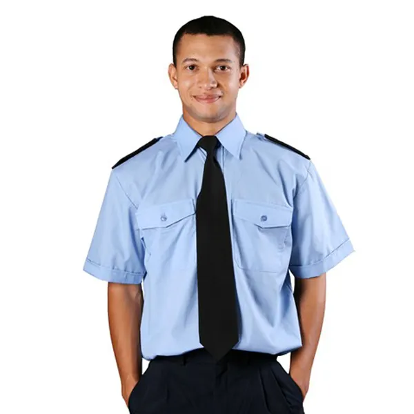 Camisas de uniforme de seguridad para hombre, camisa de diseño personalizado, 100% algodón/poliéster, manga corta, color azul, fabricante de fábrica