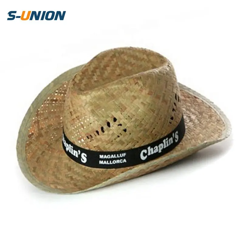 Commercio all'ingrosso promozionale logo personalizzato paglia fascia werstern cappelli da cowboy cappello del sole di estate mens paglia cappello da cowboy