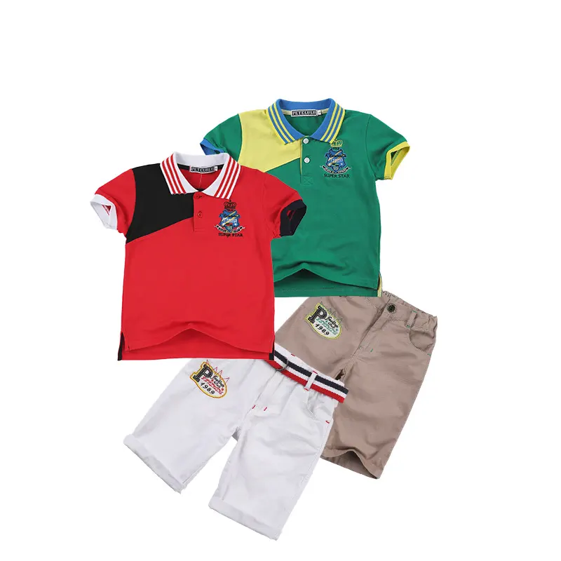 Abbigliamento moda Polo golfista manica corta colore rosso attivo abbinato a pantaloncini in Twill morbido ragazzi bambini vestiti da modellare