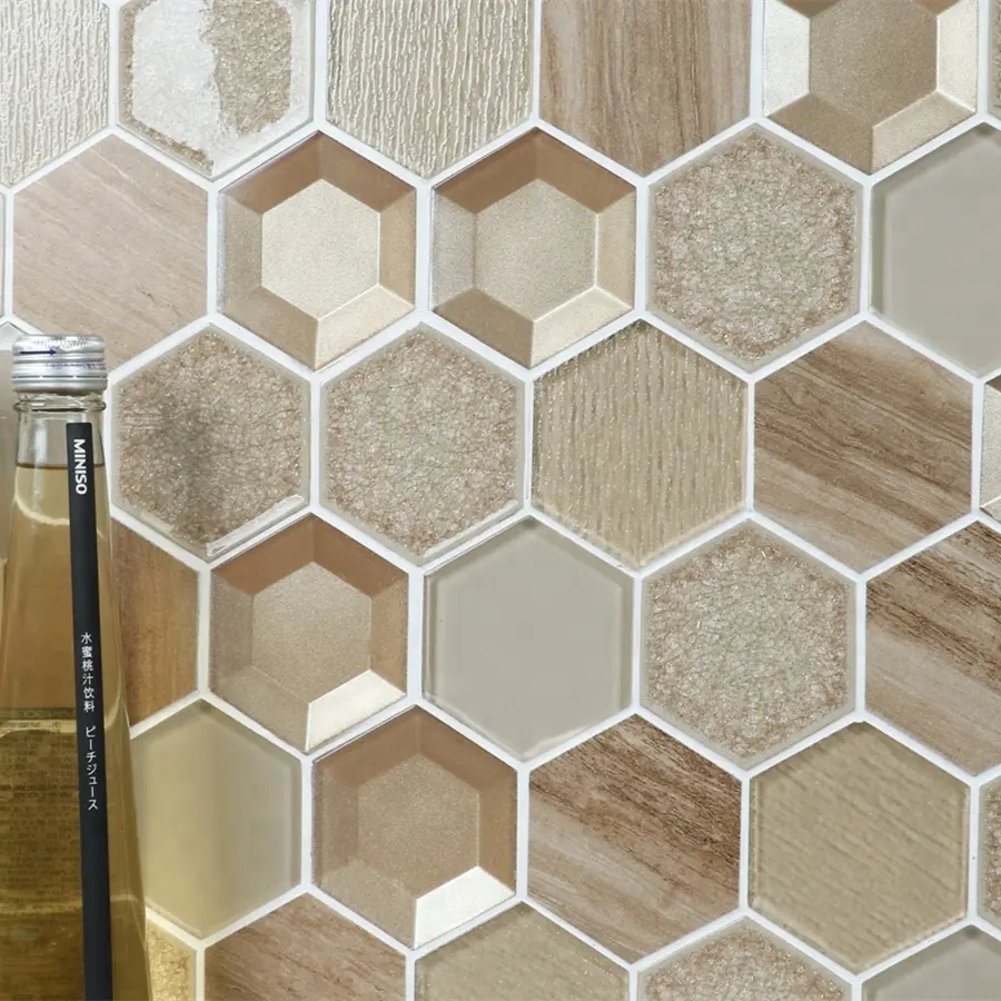 Hexagon beige crackle di legno effetto 3d piastrelle a mosaico in vetro mattonelle della parete interna