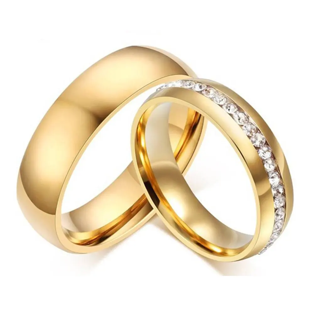 Oro-color bandas de boda anillo para las mujeres de la joyería de los hombres de 6mm de acero inoxidable anillo de compromiso tamaño de 5 a 13