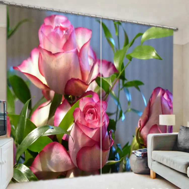 Modern Luxury Pink Rose Blackout Window Curtains, Large Printed 3D Curtain For Living Room