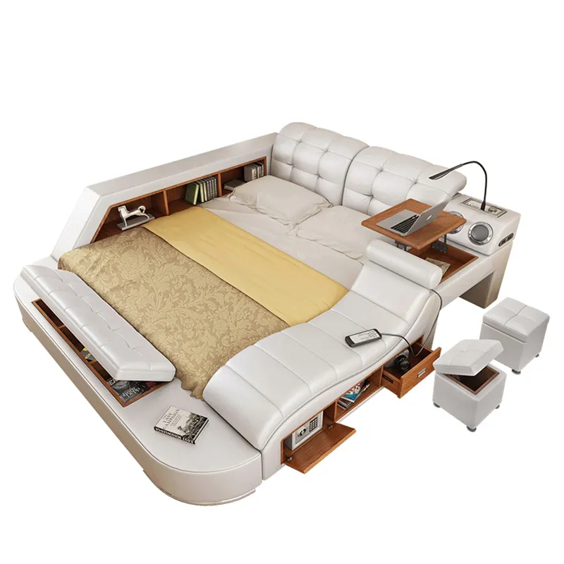 Lit de meubles de chambre à coucher moderne, avec rangement, fonctions de massage, ensembles de lit multifonctionnel