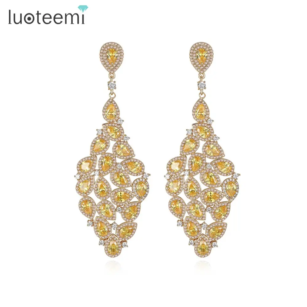 LUOTEEMI Indiano de Casamento Design De Moda Jóias de Ouro Champagne Cor Amarelo Teardrop CZ Nupcial Brincos Grande Queda para As Mulheres