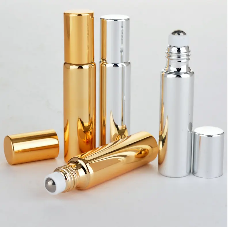 Productos calientes 5ml 10ml de rollo de vidrio en botella brillante de recubrimiento UV rollo de perfume en botella de oro con tapa de aluminio y de bola de metal