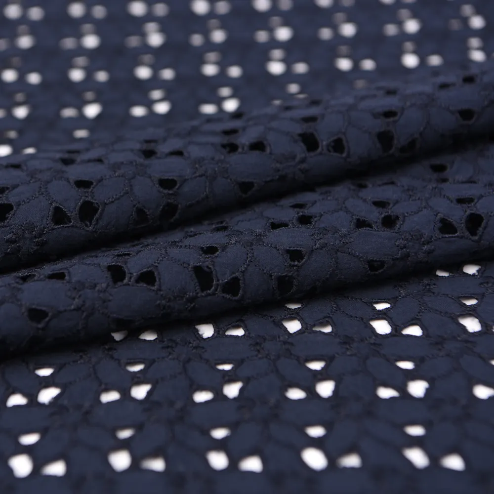 Vintage Daisy Lace Eyelet Cotton Fabric, Broderie Anglaise in Navy Blue