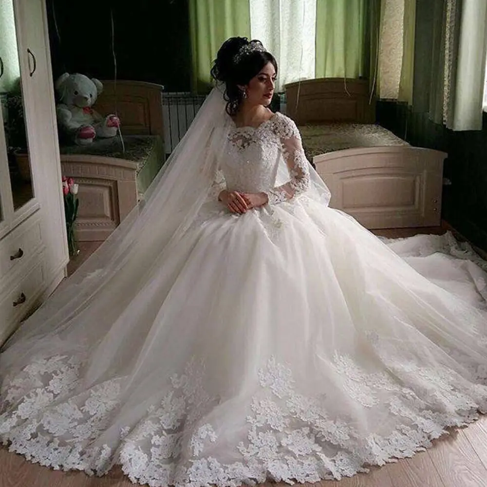 FA05 splendidi abiti da sposa con abito da ballo trasparente 2022 abiti da sposa a maniche lunghe bianchi con Applique in rilievo di pizzo gonfio