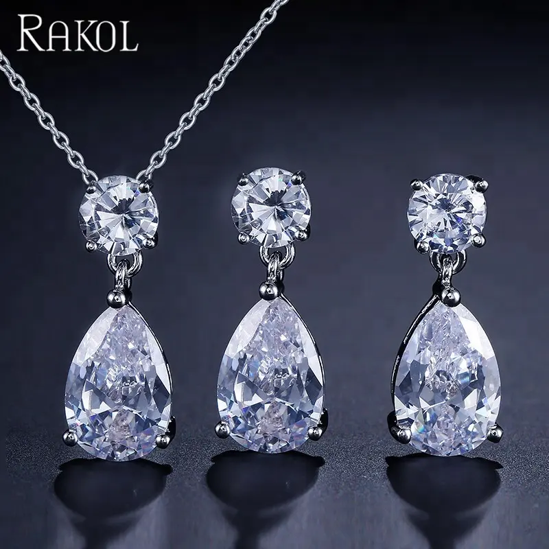 Rakol SP272 Eenvoudige Teardrop Crystal Gemstone Zirkoon Ketting Oorbellen Sieraden Set