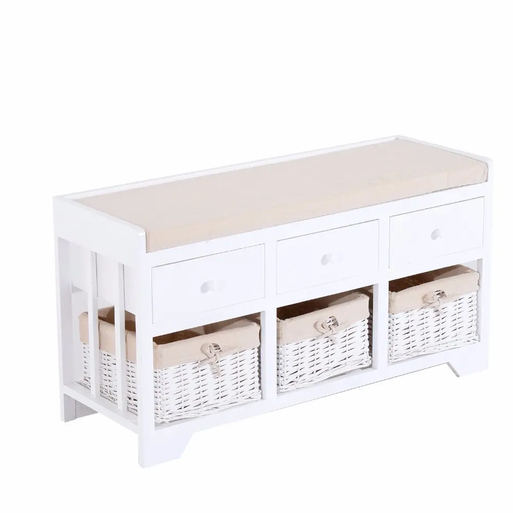 Morden Classico In Legno Lungo Bianco-Drawer 3-Basket Imbottito Scarpiera Panchina