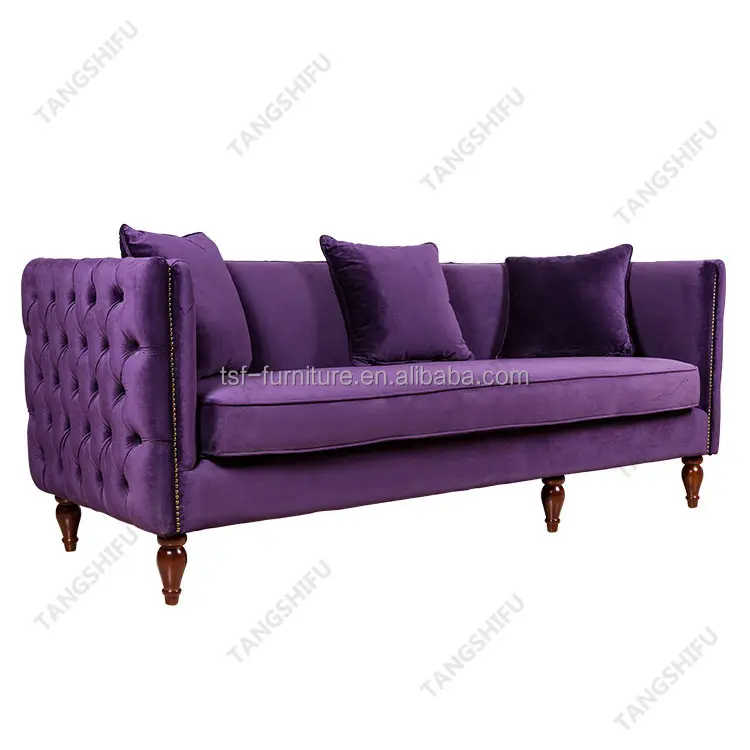 Stile country francese betulla tre posti viola velluto tappezzeria divano con cuscino