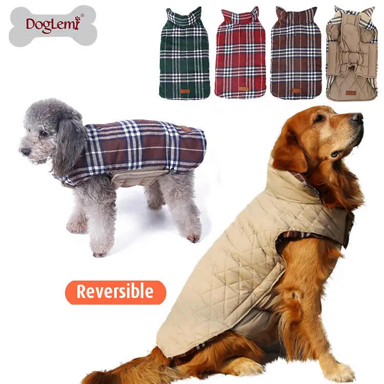 Двусторонняя клетчатая большая зимняя куртка для собак в британском стиле, одежда для домашних животных