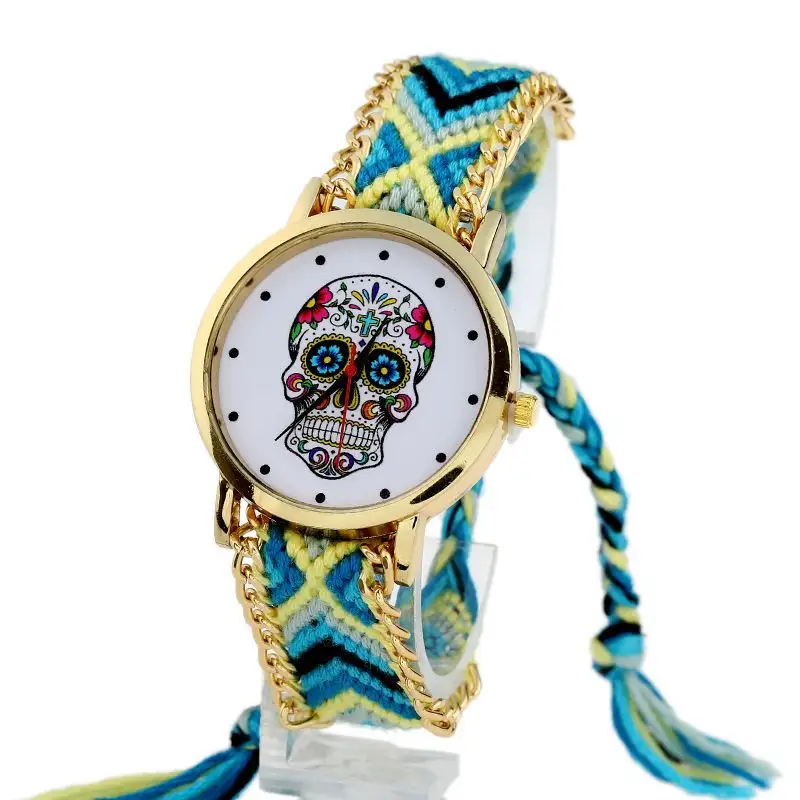 Reloj de pulsera con diseño de calavera y cadena trenzada, Reloj de pulsera con cadena trenzada dorada de encaje, estilo retro, platino, para mujer