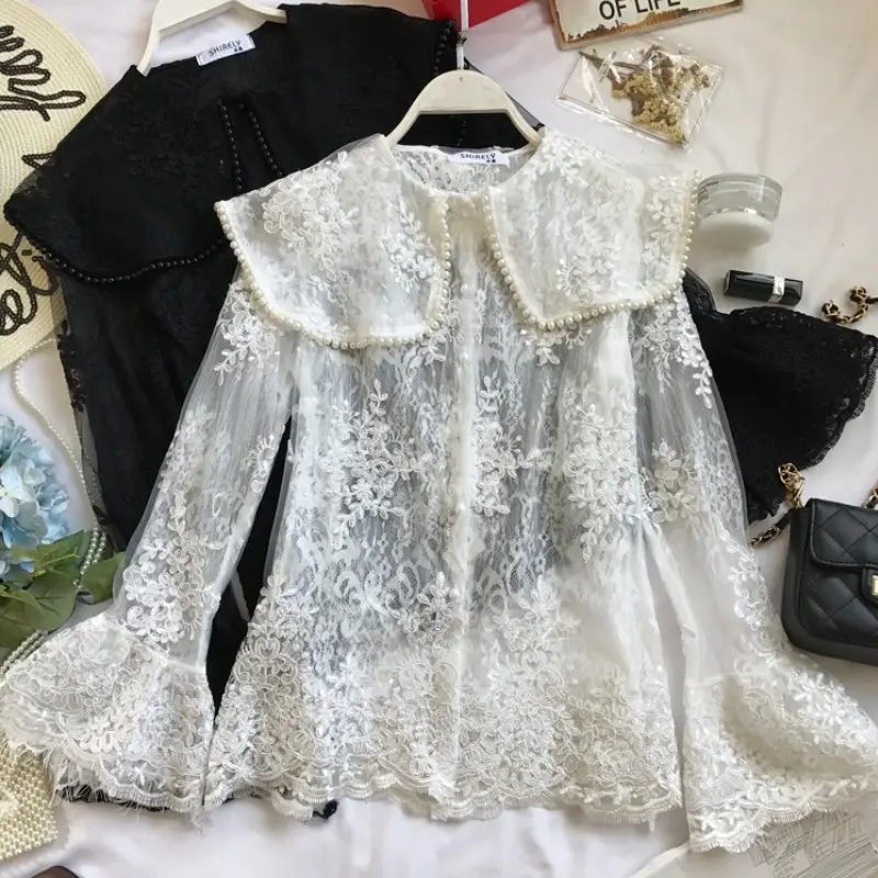 YSMARKET Frühling Frauen Langarm Revers Perlen Schwarz Weiß Spitze Tops Elegante Bluse Shirts Süßen Japanischen Koreanische Stil E10109